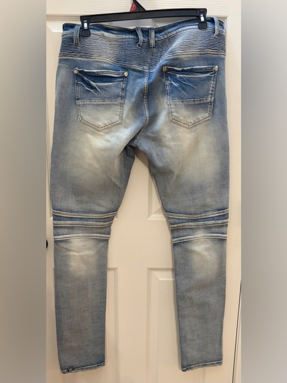 Skinny Distressed Light Blue Mens Jeans - Ripped Moto Detail - Picture 2 of 3
